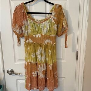 Floral Patchwork Mini Dress in Orange and Green